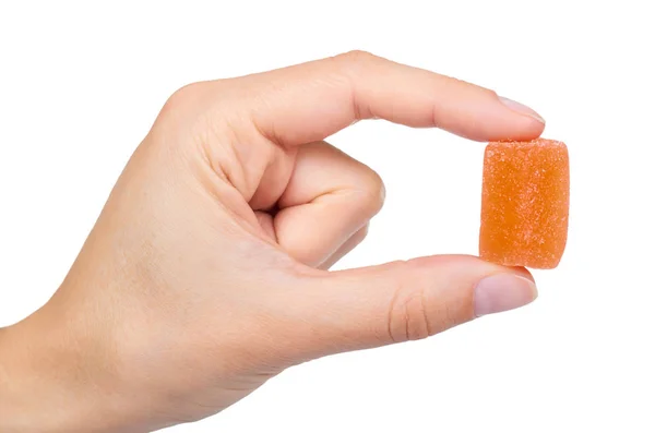 Διάφορα χρώμα του καρπού ζελέ gummy καραμέλες στο χέρι απομονωθεί σε λευκό φόντο — Φωτογραφία Αρχείου