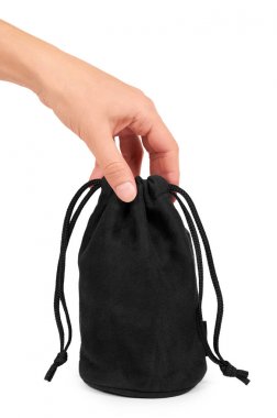 Siyah Tekstil çuval el izole üzerinde beyaz arka plan