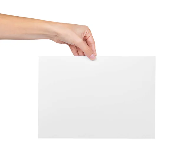 Manos sosteniendo papel en blanco aisladas sobre fondo blanco — Foto de Stock