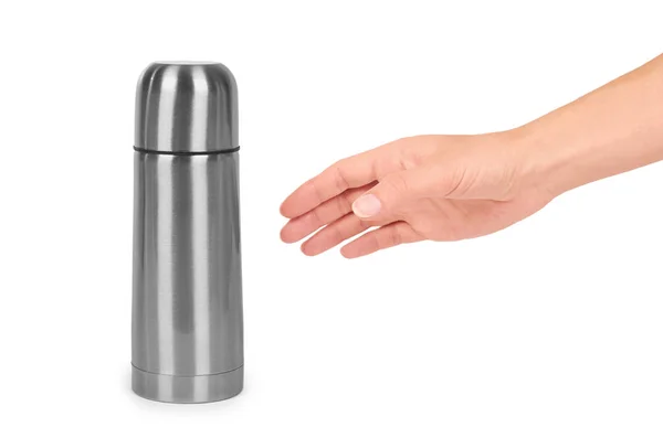 Thermos métalliques pour les voyages à la main isolés sur fond blanc — Photo