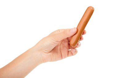 el tutma sosis. Beyaz arka plan üzerinde izole