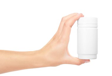 hapları ile şişe tutan el. Beyaz arka plan üzerinde izole