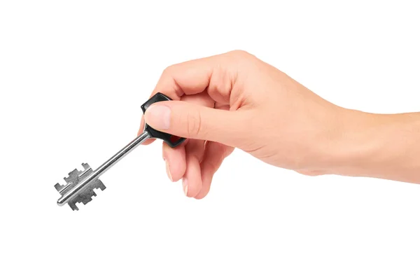 Metalowy klucz z tworzywa sztucznego obsługi w ręku na białym tle na białym tle — Zdjęcie stockowe