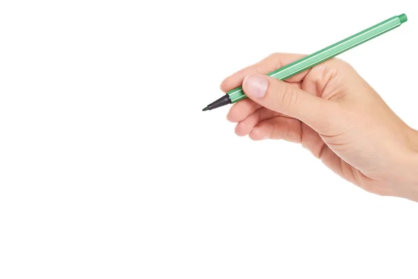 Mujer escribiendo a mano con un bolígrafo aislado sobre fondo blanco —  Fotos de Stock