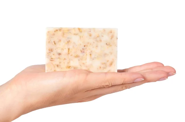 纯天然肥皂在白色背景的手隔离 — 图库照片