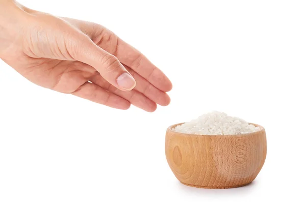 Arroz jazmín crudo en mano aislado sobre fondo blanco — Foto de Stock