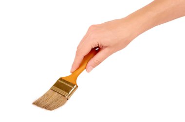 Turuncu boya fırça üzerinde el izole beyaz arka plan