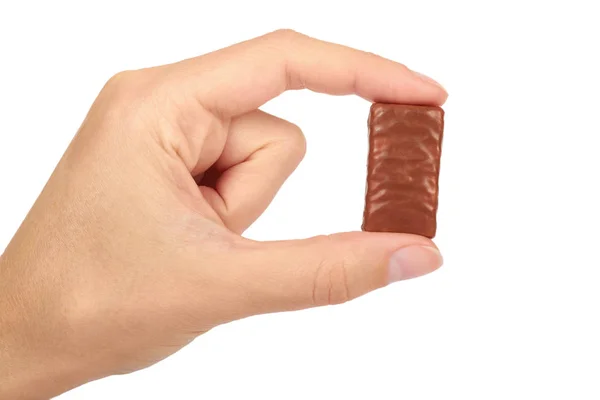 Gourmet Chocolate bar na mão isolado no fundo branco, doces caseiros, comida não saudável — Fotografia de Stock