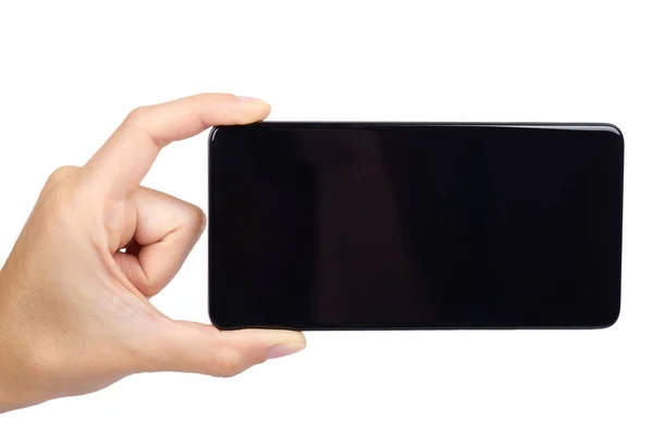 Smartphone con schermo bianco in mano isolato su sfondo bianco, grande cellulare, cellulare nero, comunicatore da 5,5 pollici — Foto Stock