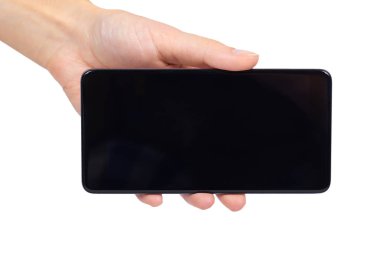 boş ekran izole beyaz arka plan, büyük mobil, siyah cep telefonu, 5,5 inç communicator üzerinde el ile akıllı telefon