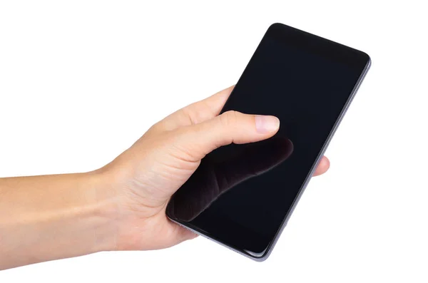 Έξυπνο τηλέφωνο με κενή οθόνη στο χέρι που απομονώνονται σε λευκό φόντο, μεγάλο κινητό, μαύρο κινητό τηλέφωνο, communicator 5.5 ιντσών — Φωτογραφία Αρχείου