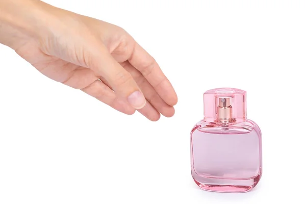 Parfum de femme dans une belle bouteille rose isolée sur fond blanc, odeur de luxe, verre cristallin — Photo