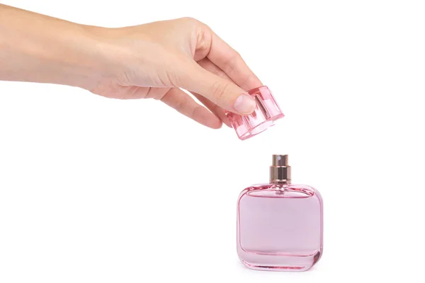 Perfume das mulheres em bela garrafa rosa isolado no fundo branco, cheiro de luxo, vidro cristalino — Fotografia de Stock