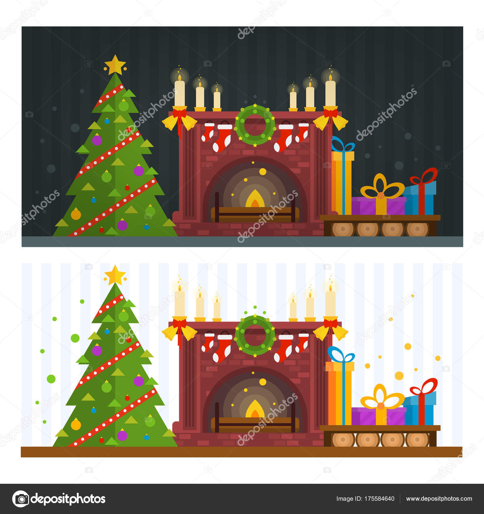 Day And Night Scenes Fireplace And Fir Tree With Gifts Christm
