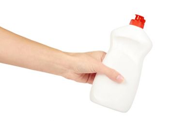 Beyaz arka plan üzerinde izole el bulaşık yıkama deterjan dispenseri şişe. Ev işleri ve sıhhi kavramı