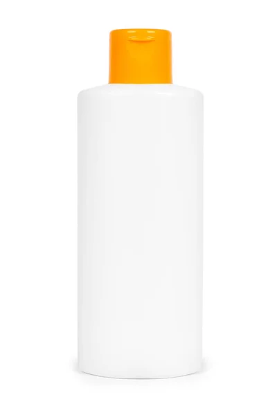 白い背景に分離されたオレンジ色のかさとプラスチック ホワイト シャンプーのボトル。髪のケアのためのジェル ディスペンサーです。ボディ ローションとコンテナー. — ストック写真