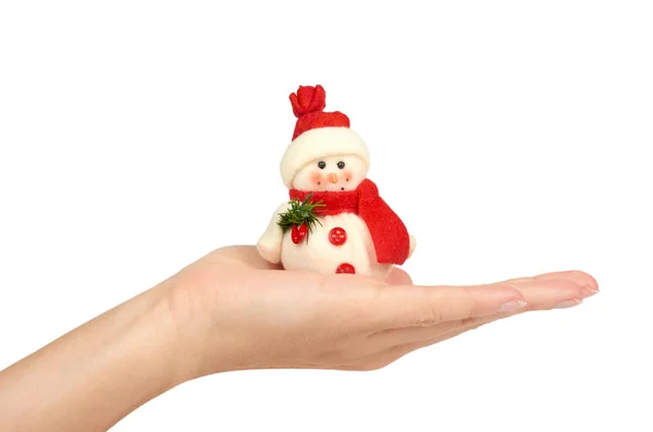 Muñeco de nieve Cristmas decoración en mano aislada sobre fondo blanco. Objeto de Año Nuevo — Foto de Stock