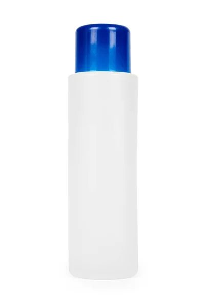 Μπουκάλι πλαστικό λευκό σαμπουάν με μπλε καπάκι που απομονώνονται σε λευκό φόντο. Θήκη Gel για την περιποίηση των μαλλιών. Δοχείο με λοσιόν σώματος. — Φωτογραφία Αρχείου