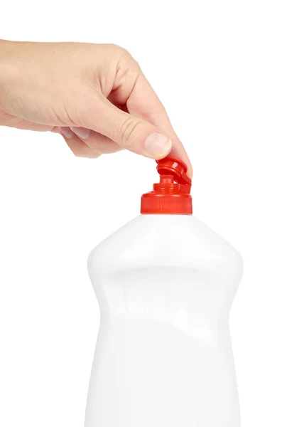 Mytí nádobí láhev dávkovač pracího prostředku v ruce izolovaných na bílém pozadí. Domácí práce a hygienická koncepce — Stock fotografie