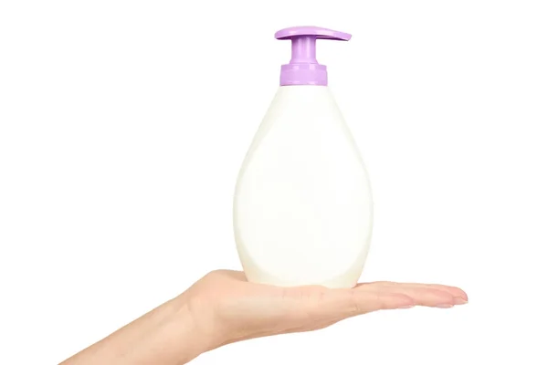 White hand sanitizer soap dispenser in hand isolated on white background. Housework and sanitary concept — Stock Photo, Image
