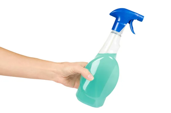Botella pulverizadora en mano aislada sobre fondo blanco. Trabajo doméstico y concepto sanitario — Foto de Stock