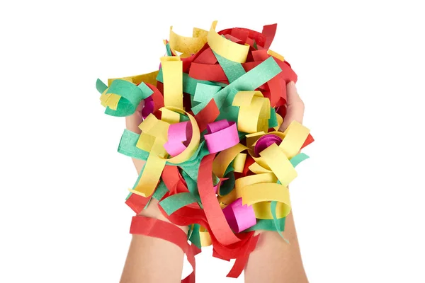 Holiday papper med färg konfetti i hand isolerad på vit bakgrund. Semester- och kul — Stockfoto