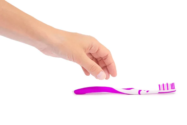 Hand holding tooth brush isolated on white background — Stock Photo, Image