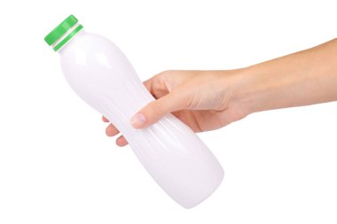 yoğurt ile kırmızı bir şişe kap üzerinde el izole beyaz arka plan, sağlıklı yaşam, süt için plastik konteyner