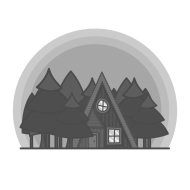 Siyah ve beyaz çizgi film sahne ile orman illüstrasyon evde. Vektör doodle, çizilen bina teslim.