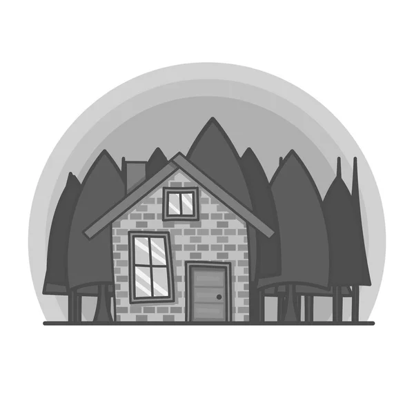 Scène de dessin animé noir et blanc avec maison dans l'illustration de la forêt. Doodle vecteur, bâtiment dessiné à la main . — Image vectorielle