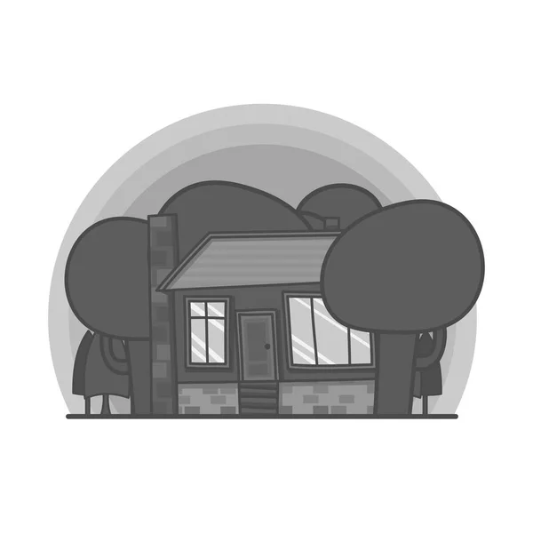 Scène de dessin animé noir et blanc avec maison dans l'illustration de la forêt. Doodle vecteur, bâtiment dessiné à la main . — Image vectorielle