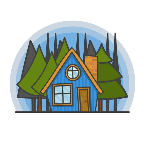 Cena de desenhos animados com casa na ilustração da floresta. Vetor Doodle, edifício desenhado à mão . —  Vetores de Stock