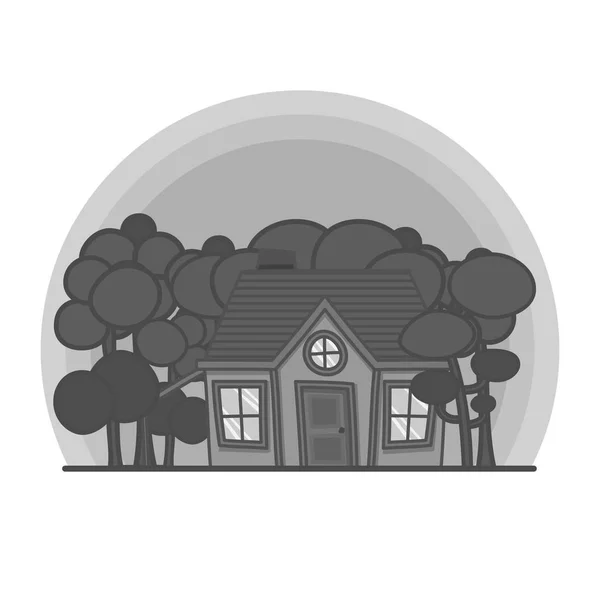 Scène de dessin animé noir et blanc avec maison dans l'illustration de la forêt. Doodle vecteur, bâtiment dessiné à la main . — Image vectorielle