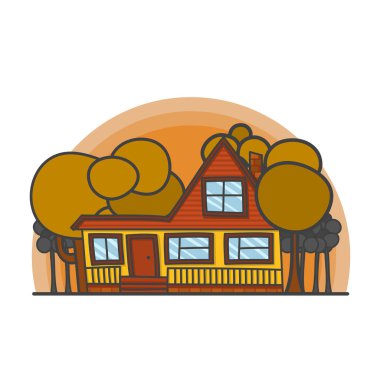 Çizgi film sahne ile orman illüstrasyon evde. Vektör doodle, çizilen bina teslim.