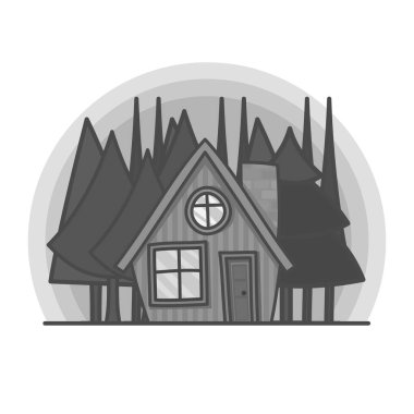 Siyah ve beyaz çizgi film sahne ile orman illüstrasyon evde. Vektör doodle, çizilen bina teslim.