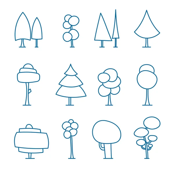 Set of line art cartoon trees, hand drawn forest, doodle vector. Isolated on white. For coloration — Stock Vector