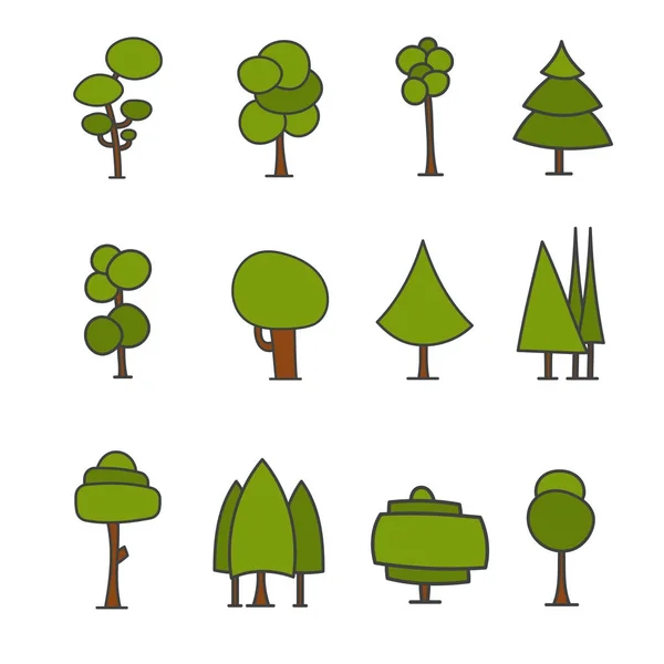 Set of cartoon trees, hand drawn forest, doodle vector. Isolated on white — Stock Vector