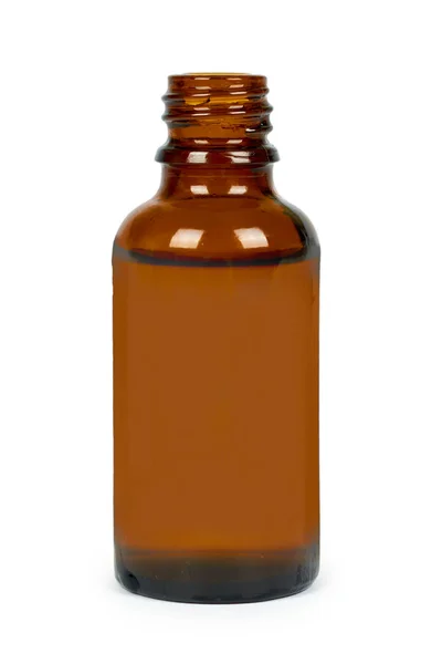 Open fles met medische elixer, siroop voor verkoudheid, antipyretische schorsing. Geïsoleerd op een witte achtergrond. Gezondheid en geneeskunde — Stockfoto