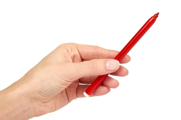 Red felt tip pen in hand, isolated on white background — Stock Photo, Image