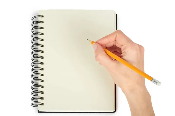 흰색 배경에 고립 된 쓰기 또는 손, 나선형 그리기 오픈 블랙 노트북 — 스톡 사진
