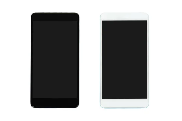 Μαύρο και άσπρο κινητά τηλέφωνα με σκούρες οθόνες, απομονώνονται σε λευκό φόντο. Διαφημιστείτε πρότυπο, αντίγραφο χώρου — Φωτογραφία Αρχείου