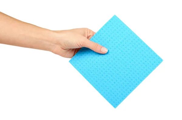 Blauwe doek voor het schoonmaken in de hand, geïsoleerd op witte achtergrond — Stockfoto