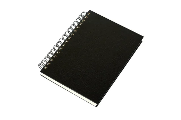 Caderno preto para escrever ou desenhar em espiral, isolado em fundo branco — Fotografia de Stock