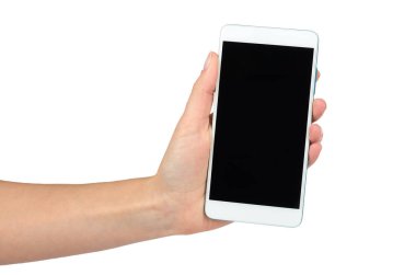 Cep telefonu ile karanlık perde elinde, beyaz arka plan üzerinde izole beyaz. Şablon, kopya alanı tanıtımı