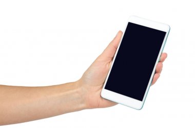 Cep telefonu ile karanlık perde elinde, beyaz arka plan üzerinde izole beyaz. Şablon, kopya alanı tanıtımı