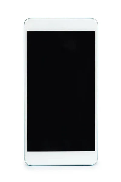 Cellulare bianco con schermo scuro, isolato su sfondo bianco. Pubblicità modello, spazio di copia — Foto Stock