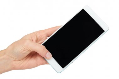 Cep telefonu ile karanlık perde elinde, beyaz arka plan üzerinde izole beyaz. Şablon, kopya alanı tanıtımı