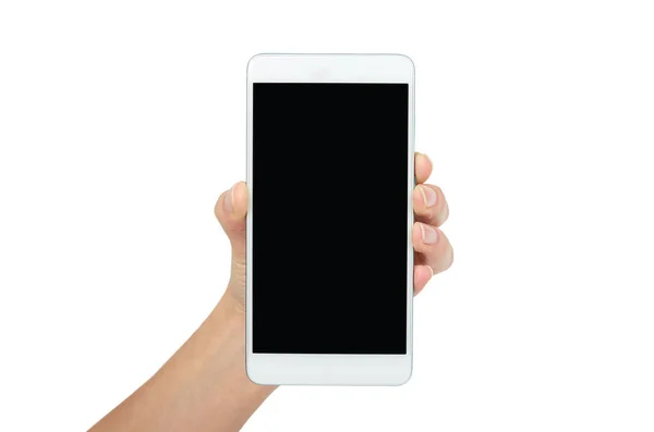 Λευκό με σκοτεινή οθόνη το κινητό στο χέρι, απομονώνονται σε λευκό φόντο. Διαφημιστείτε πρότυπο, αντίγραφο χώρου — Φωτογραφία Αρχείου