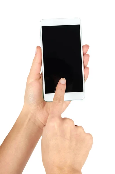 White mobile phone with dark screen in hand, isolated on white background. Advertise template, copy space — Stock Photo, Image