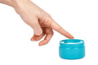 Mavi açabilir güzellik kremi, vücut bakım losyonu kavanoza, el moistuzier jel deri. Beyaz arka plan üzerinde izole